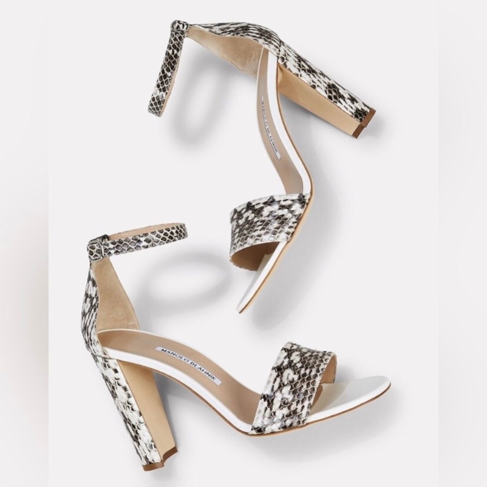 $795 Manolo Blahnik Lauratopri Natural Snakeskin Leather Block Heel Sandals 11